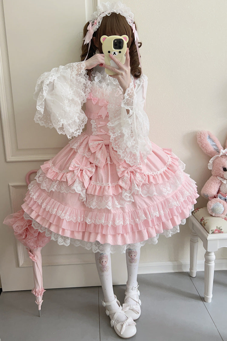 Pink Multi-Layered Ruffle Bowknot Stitching Lace Sweet Lolita Jsk Dress