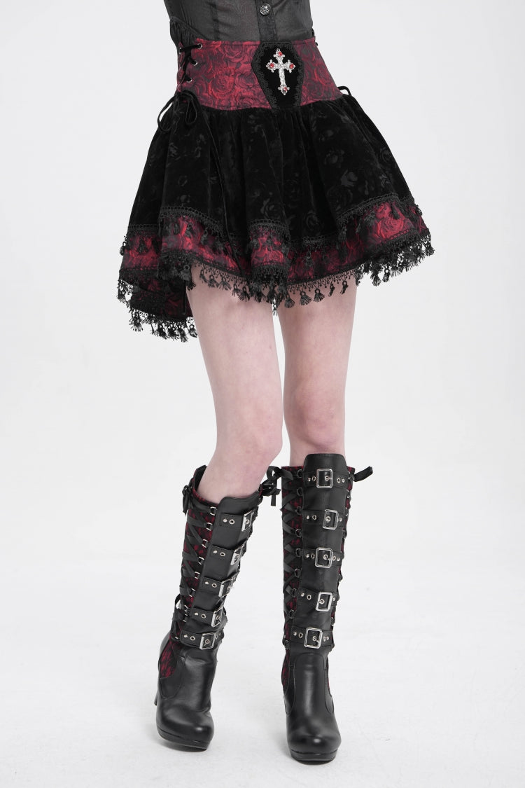 Black/Red Cross Tassel Print Women's Gothic Skirt