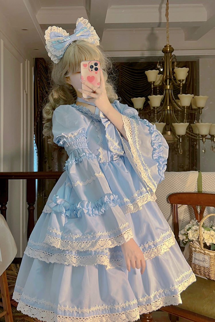 Blue Triple-Layered Detachable Sleeves Bowknot Lace-Up Sweet Lolita Dress