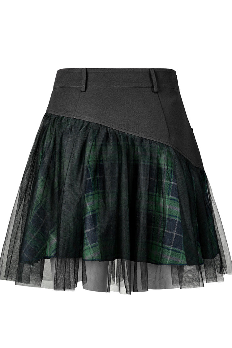 Green Cotton Splicing Mesh Plaid Personalized Pocket Decoration Waist Punk Women's Short Skirt