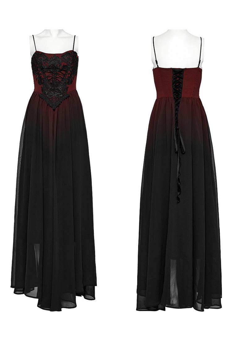 Black/Red Floral Embroidery Lace-Up Women's Gothic Slip Dress