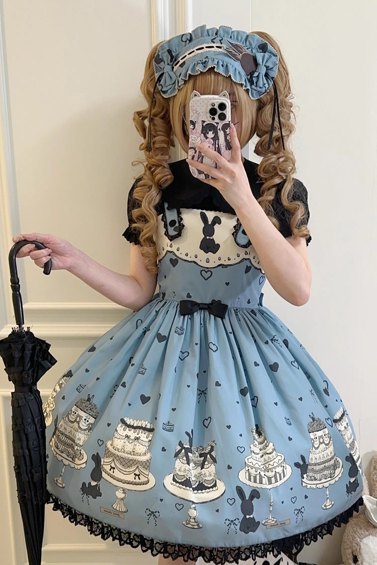 Blue Cake Bunny Print Bowknot Stitching Lace Sweet Lolita Jsk Dress