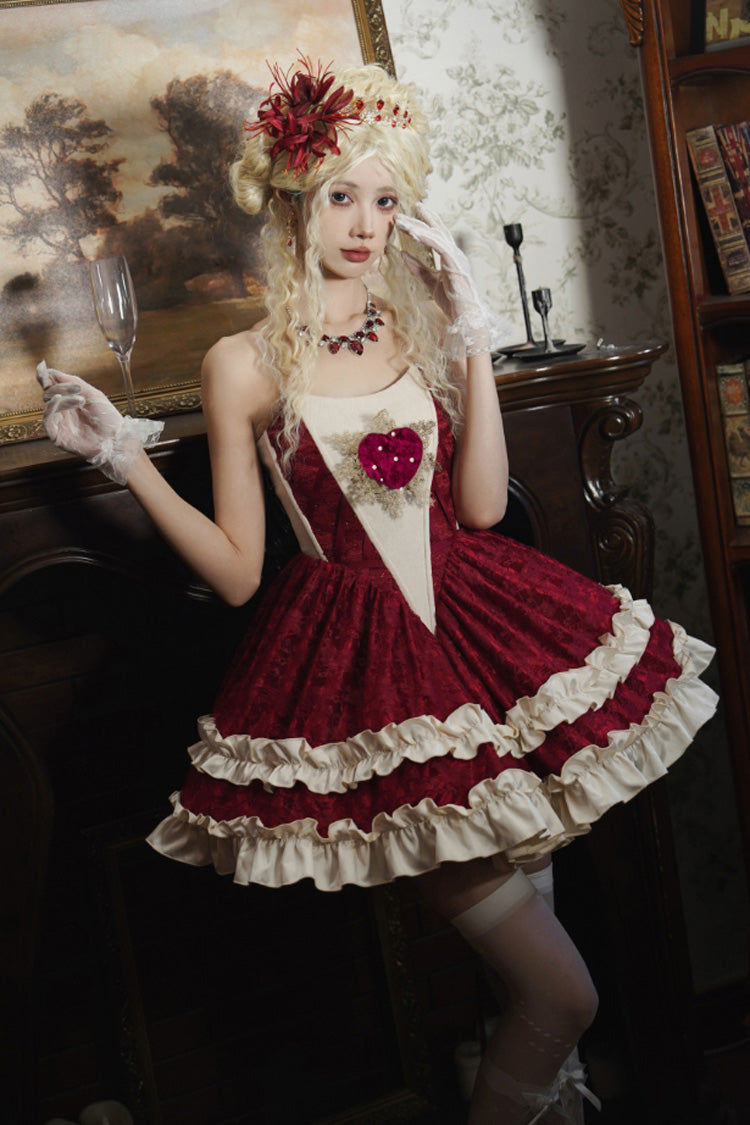 Red [Heart of Mary] Tube Top Sleeveless Ruffle Fishbone Gothic Lolita Dress