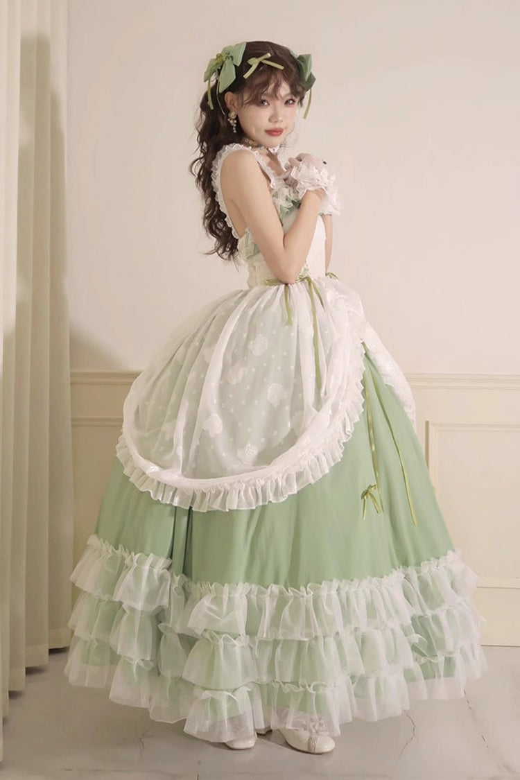 Grünes, mehrlagiges Hanayome-Spitzenkleid mit Rüschen und Schnürung in Übergröße, süßes Lolita-JSK-Kleid (lange Version)