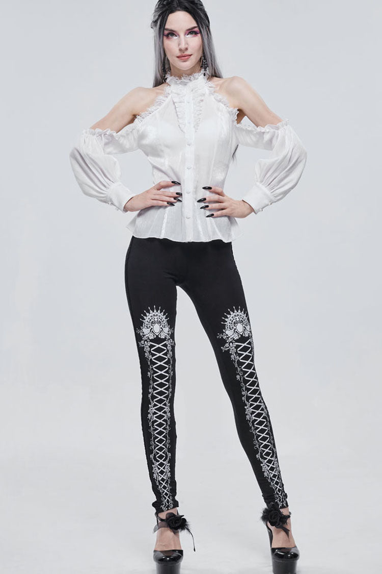 Black/White Gothic Printed Decoration Tie-Rope Elasticity Women's Leggings