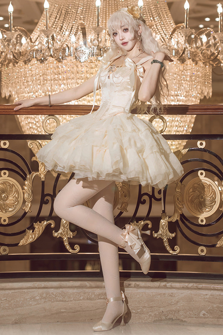 Champagne [Cream Polka Dots] Sleeveless Jacquard Bowknot Slim Sweet Ballet Lolita Skirt Dress