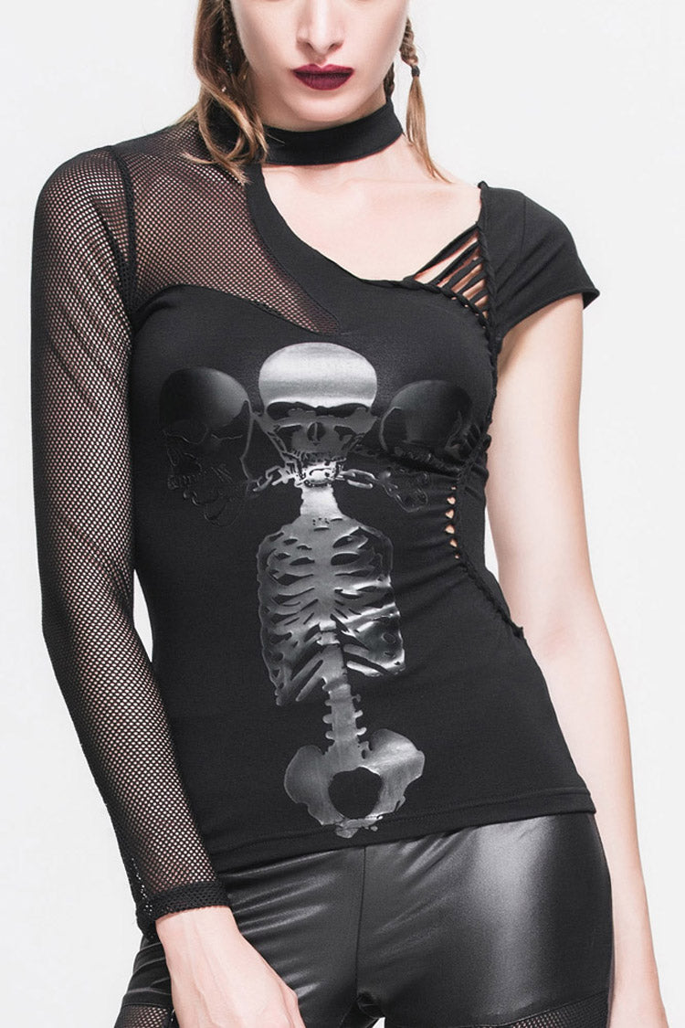 Black Gothic Mesh Panel Knitted Fabric Off-The-Shoulder Design Skull Print Women's Shirt