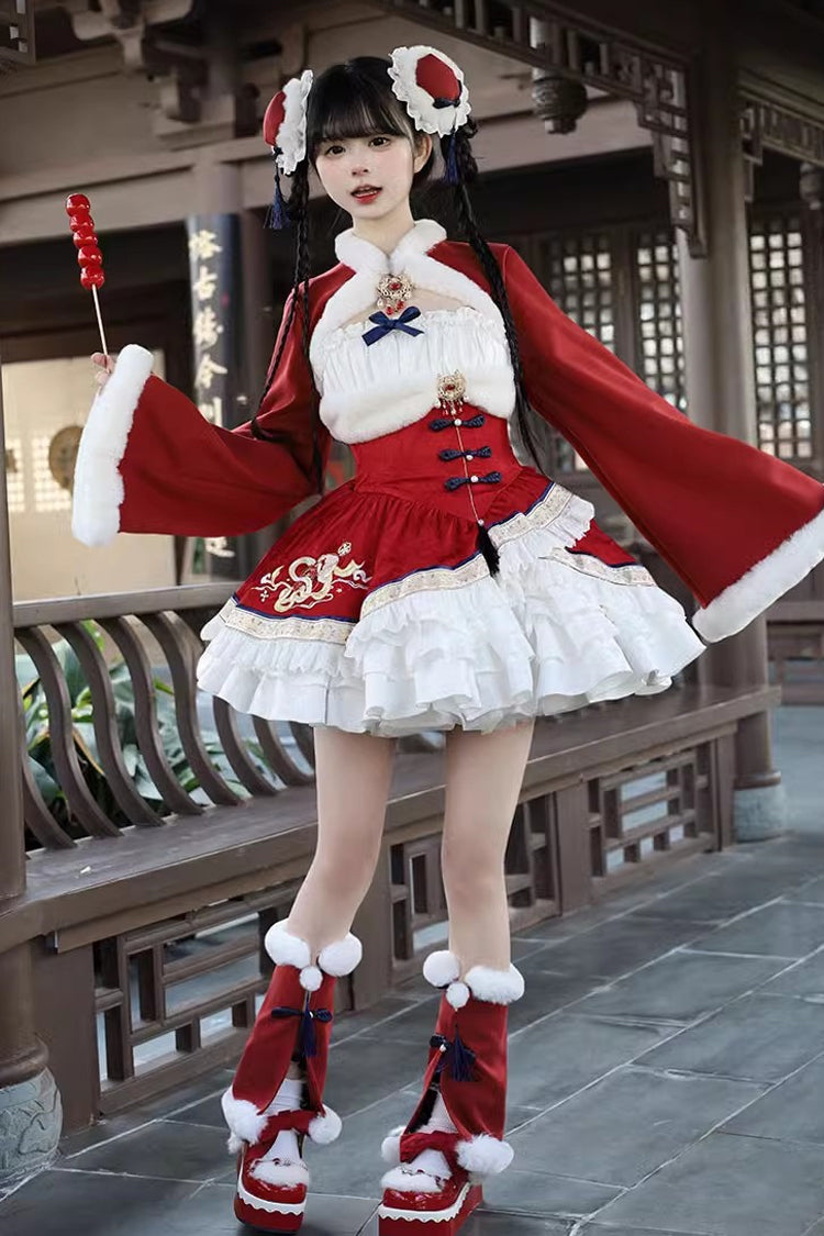 Mehrlagiges Rüschen-Stickerei-Schleifen-Kleid im süßen chinesischen Lolita-JSK-Stil, 2 Farben