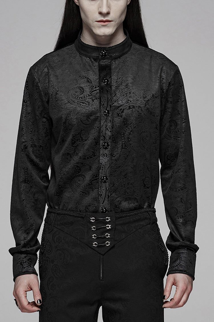 Black Stand Up Collar Long Sleeve Front Gemstone Button Print Men's Gothic Shirt