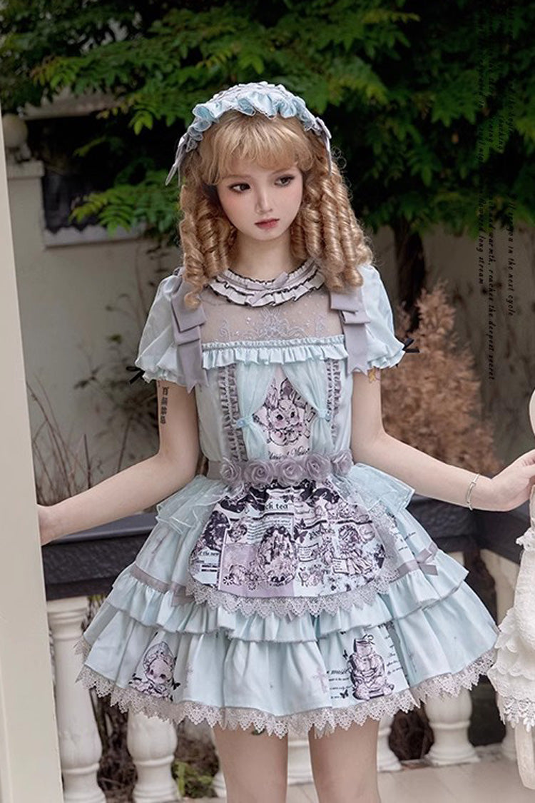 Light Blue Doll Theater Short Sleeves Print Ruffle Lace Sweet Lolita Dress