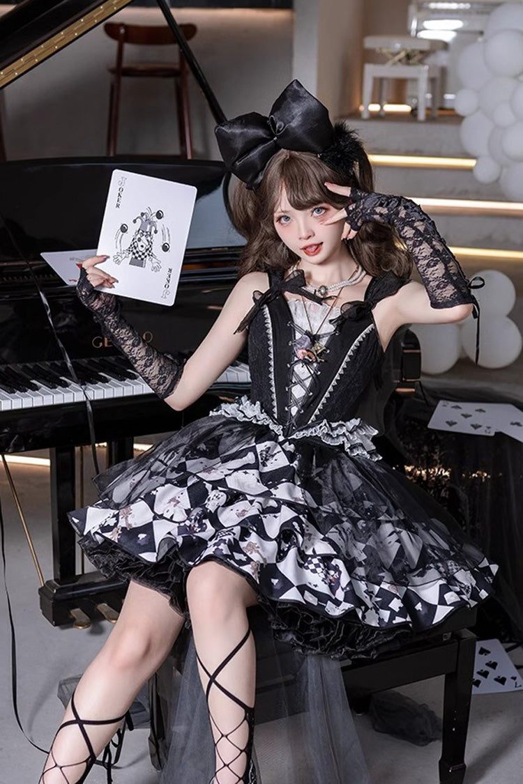 Black/White [Board Games] Triple-Layered Print Ruffle Vintage Lolita Skirt