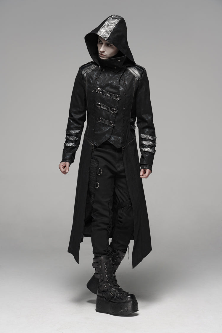 Black Stand Collar Stretch Twill Fabric Hooded Men's Gothic Long Jacket