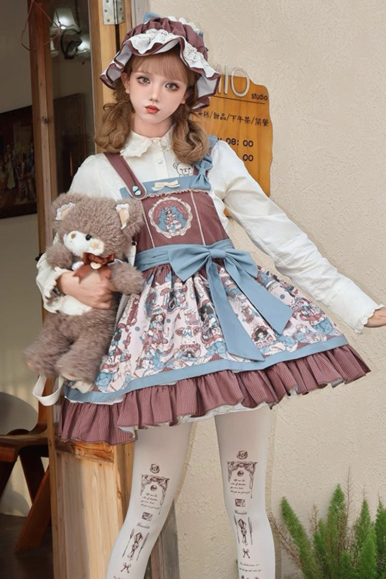 Süßes Lolita-Trägerkleid mit Rüschen und Schleife in Braun mit Puppendruck