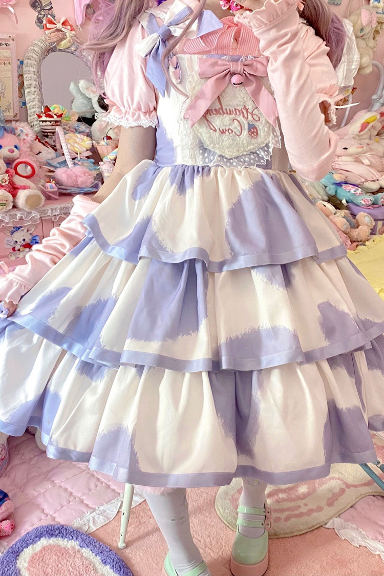 Blue Sleeveless Triple-Layered Cow Print Ruffle Bowknot Sweet Lolita Jsk Dress