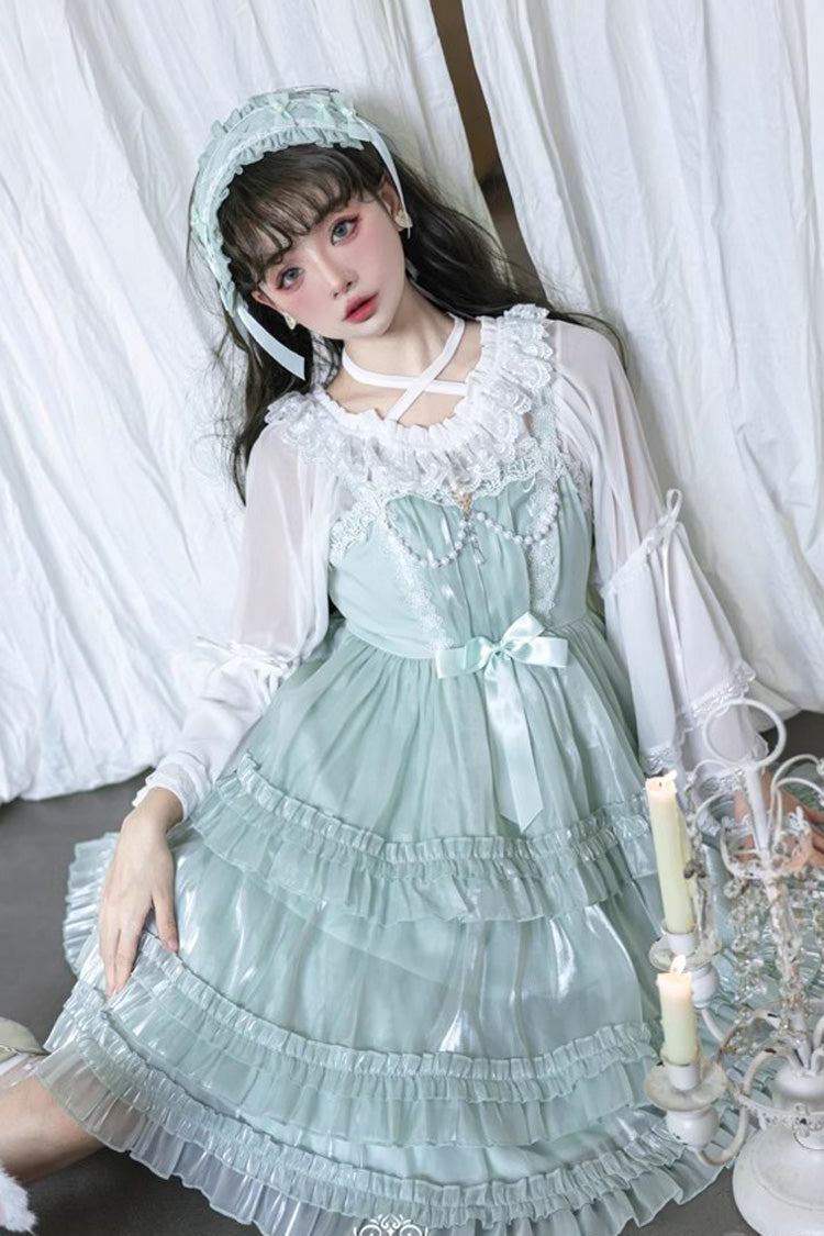 Green Starry Gauze Love Song Three-Tiered Ruffle Bowknot Sweet Lolita Tiered JSK Dress