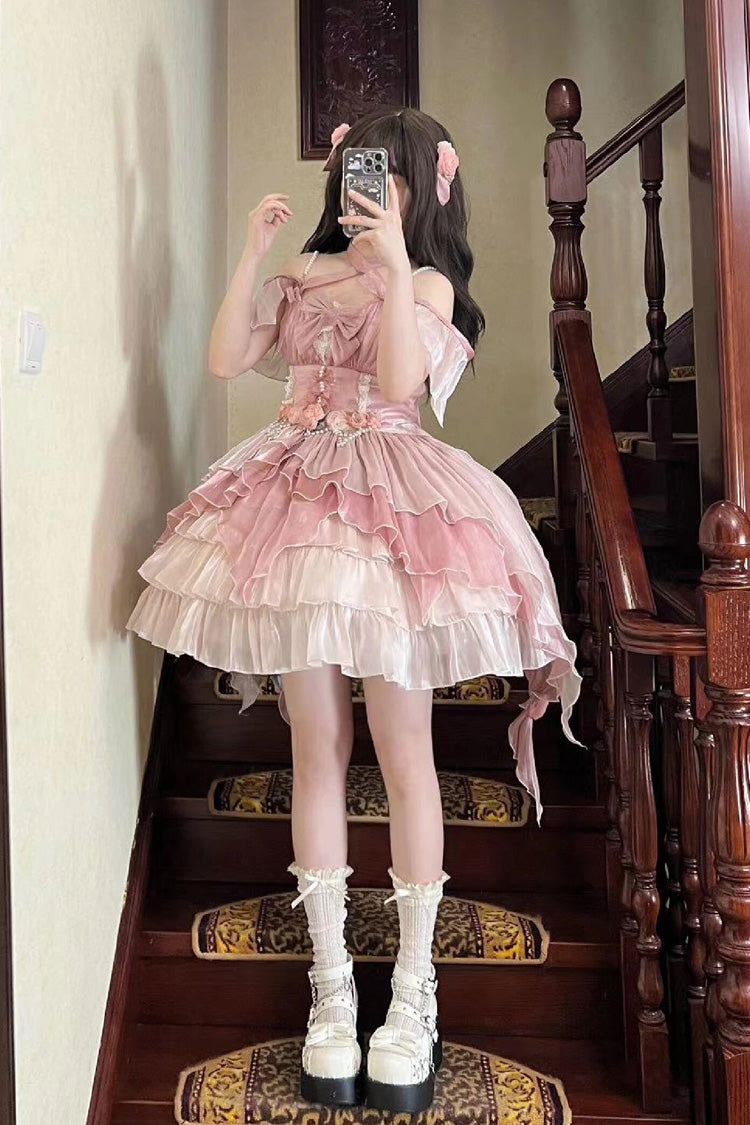 Pink Multi-layer Ruffle Hanayome Bowknot Sweet Elegant Princess Gorgeous Lolita Jsk Dress