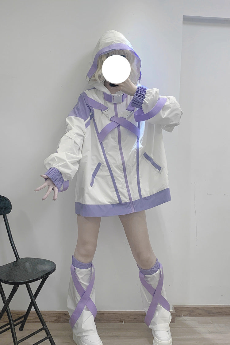 White/Purple Cyberpunk Functional Print Hooded Jirai Kei Japanese Sports Coat