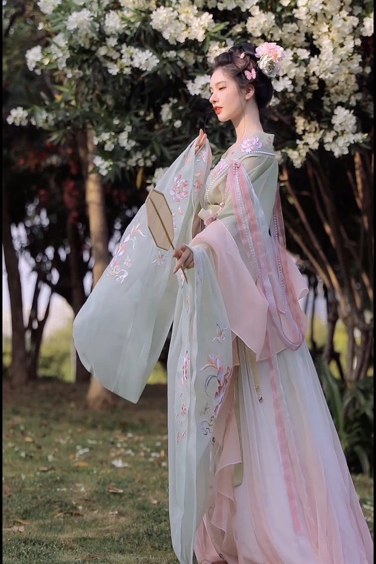 Wunderschöne Stickerei mit Perlen-Accessoires süßes Hanfu-Kleid für Damen, kompletter Satz in 3 Farben