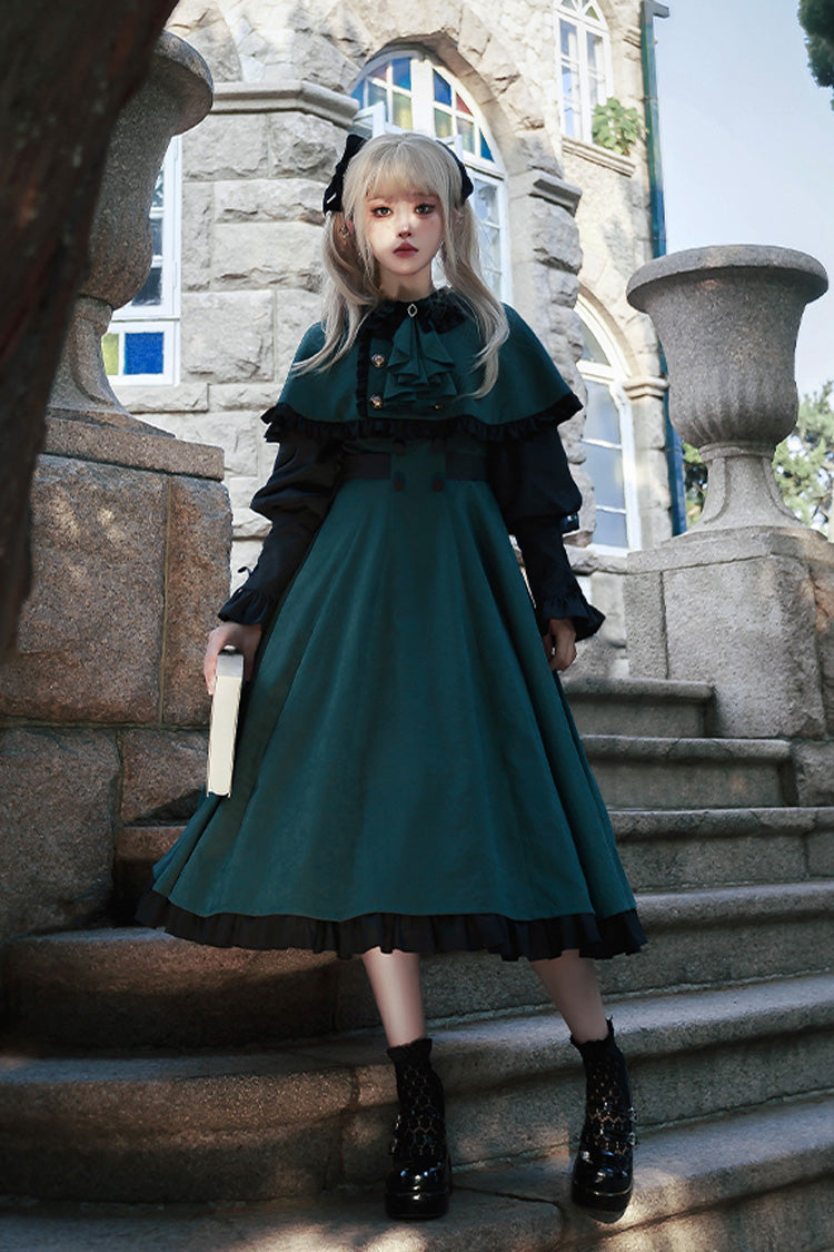 Green [Potions School] Long Sleeves Ruffle Bowknot Sweet Elegant Lolita Dress Two-piece Set