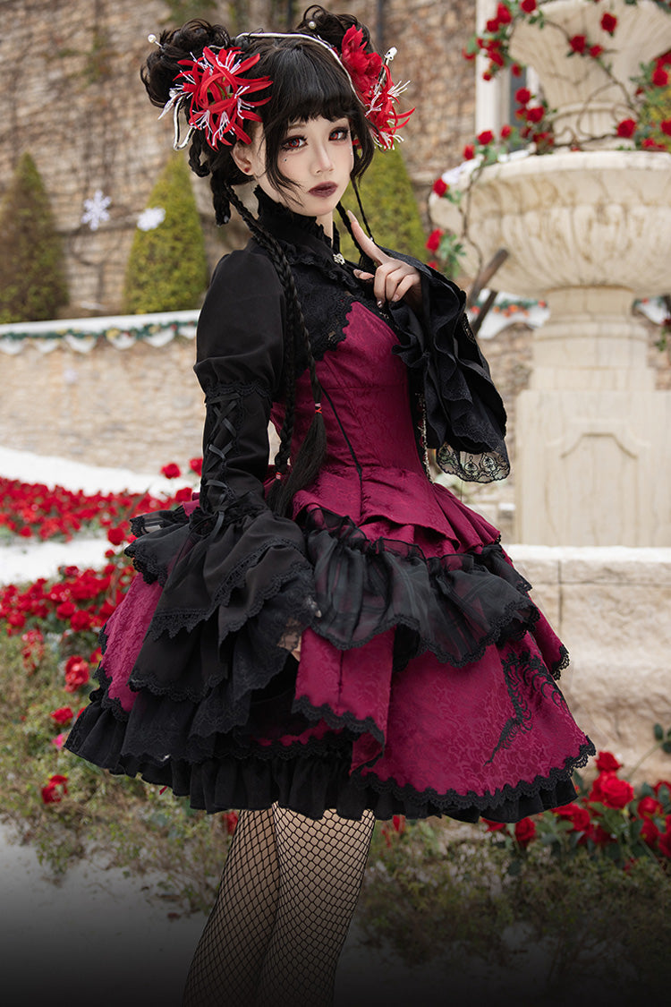 Black/Red Multi-Layered Ruffle Bowknot Lace Asymmetric Gothic Lolita Jsk Dress