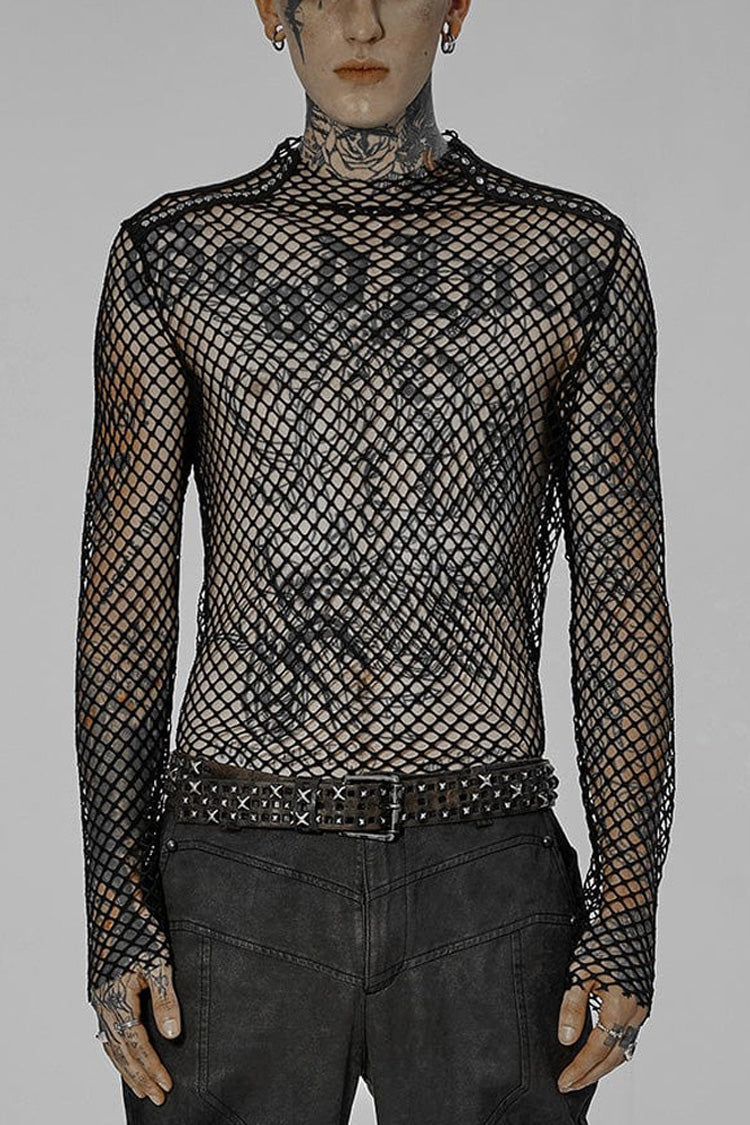 Black Punk Mesh See Through Sexy Long Sleeve Men's T-Shirt