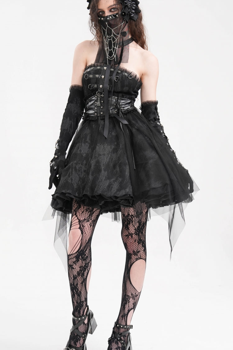 Schwarzes Neckholder-rückenfreies A-Linien-Gothic-Punk-Kurzkleid für Damen