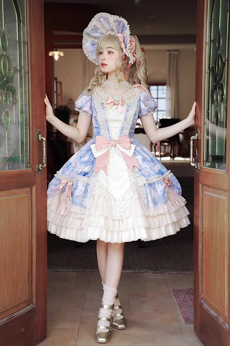 [Angel Heart Sky Oil Painting] Print Ruffle Cardigan Bowknot Sweet Princess Lolita Dress 3 Colors