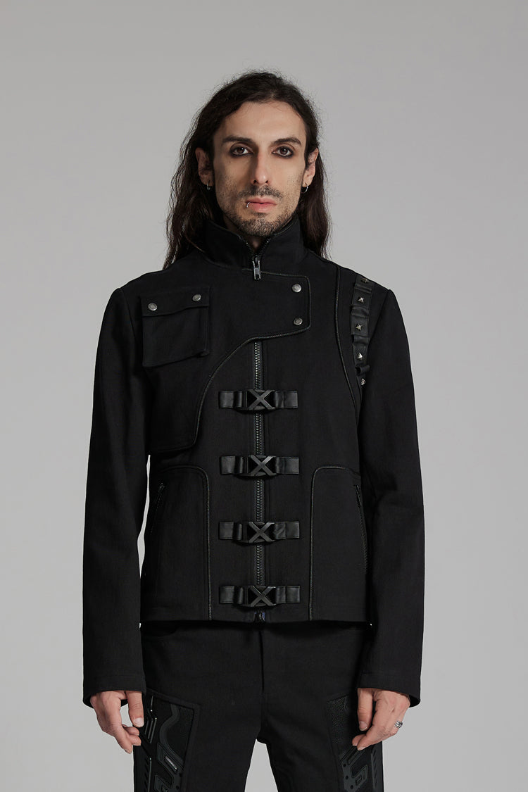 Black Buckle-up Rivets Long Sleeves Men's Punk Jacket