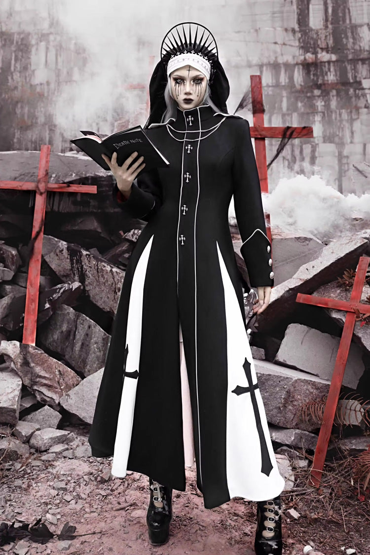 Black [The Trial of a Nun] Cross Print Hollow Cardigan Stitching Gothic Lolita Long Coat