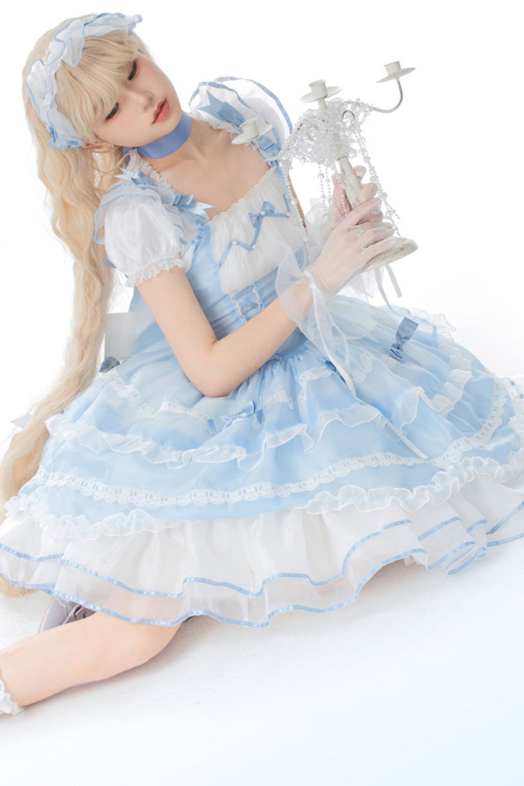 Blue Multi-layer Ruffle Bowknot Lace-Up Ballet Style Sweet Princess Lolita Tiered Dress