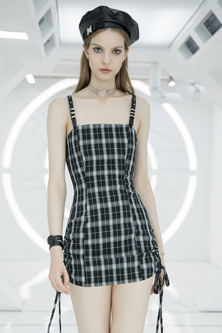 Plaid Print High Waisted Women's Punk Strap Dress 2 Colors