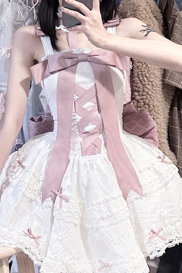 Rosa/weißes Lolita-Kleid mit Schleife und Stickereien und Schnürung, süßes, elegantes Prinzessinnen-Kleid