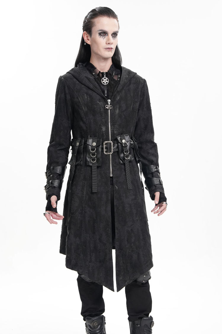 Black Buckle-up Eyelets Long Sleeves Hooded Men's Gothic Jacket