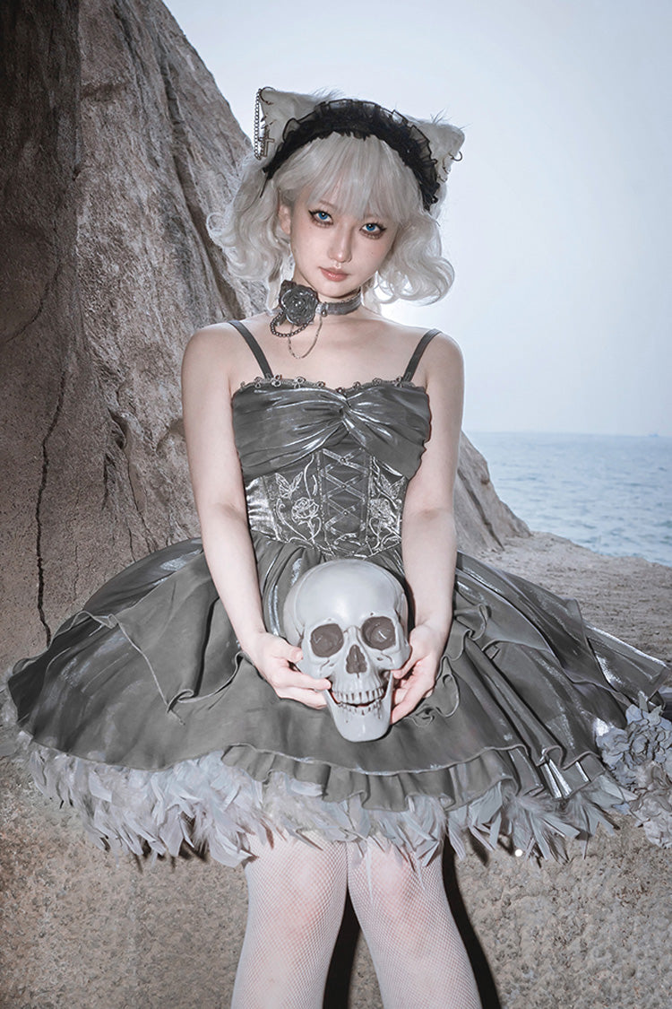 Silver Gray Ruffle Bowknot Peninsula Iron Box Ballet Sweet Elegant Princess Lolita Jsk Dress