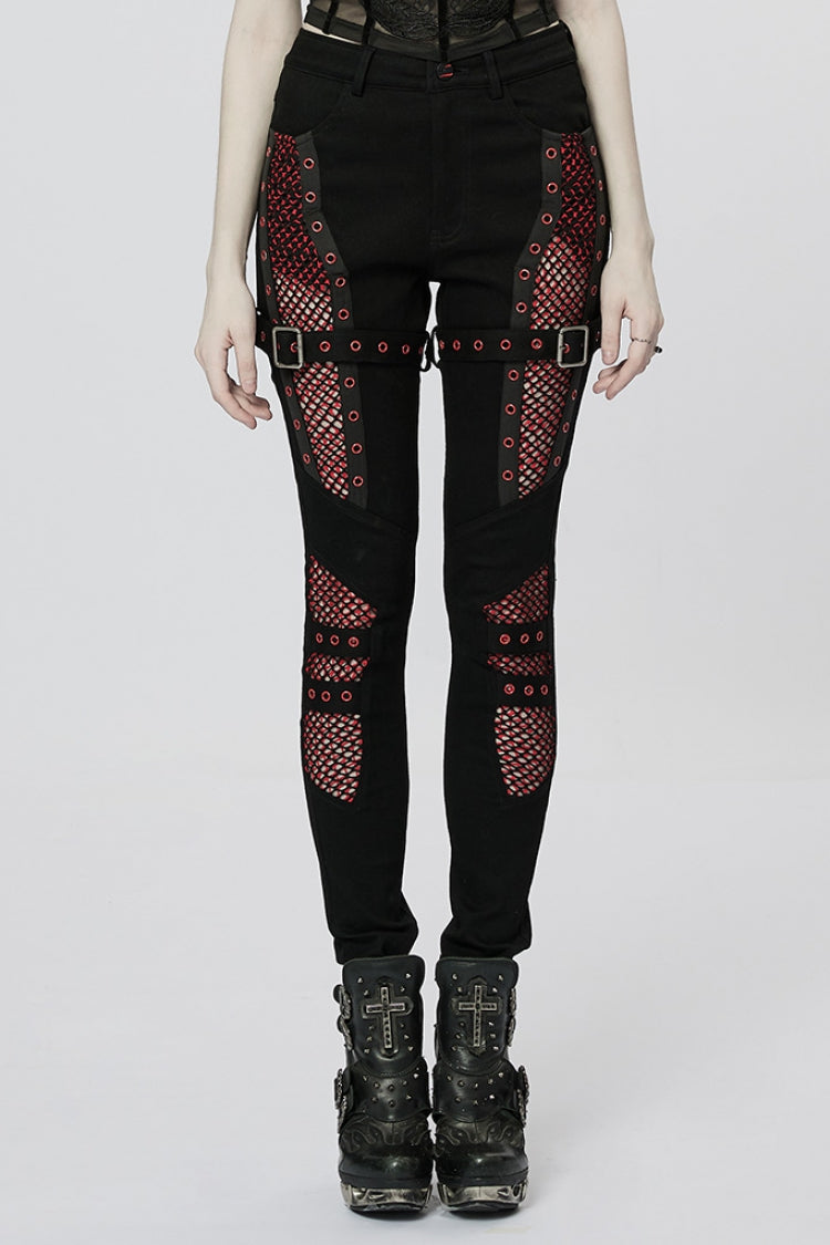 Stitching Slim Mesh Buckles Eyelets Women's Steampunk Leggings 2 Colors