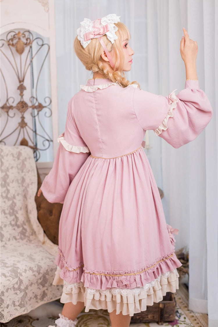 Pink Long Sleeves Ruffle Bowknot Daily Sweet Princess Lolita Dress