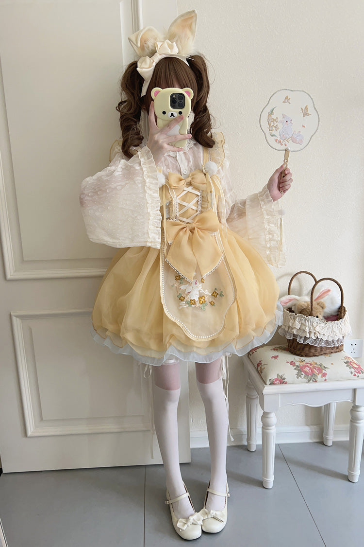 Yellow [Moon Rabbit Shadow] Embroidery Ruffle Bowknot Lace Sweet Lolita Jsk Dress