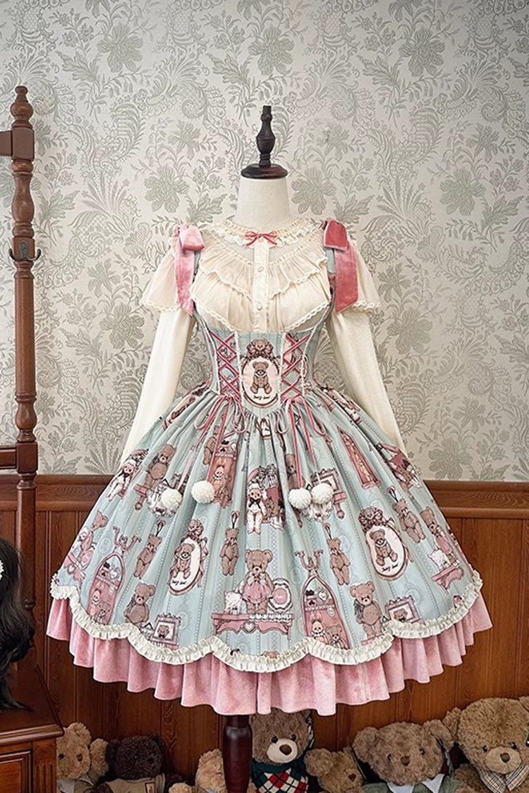 Pink/Green Bear Doll Wall Print Breast Support Ruffle Embroidery Bowknot Sweet Lolita Dress