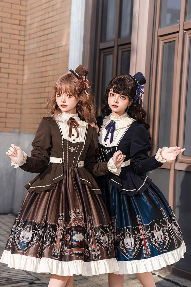 Chocolate Academy Long Sleeves Print Ruffle Vintage College Style Elegant Lolita Dress 2 Colors (Includes petticoat)