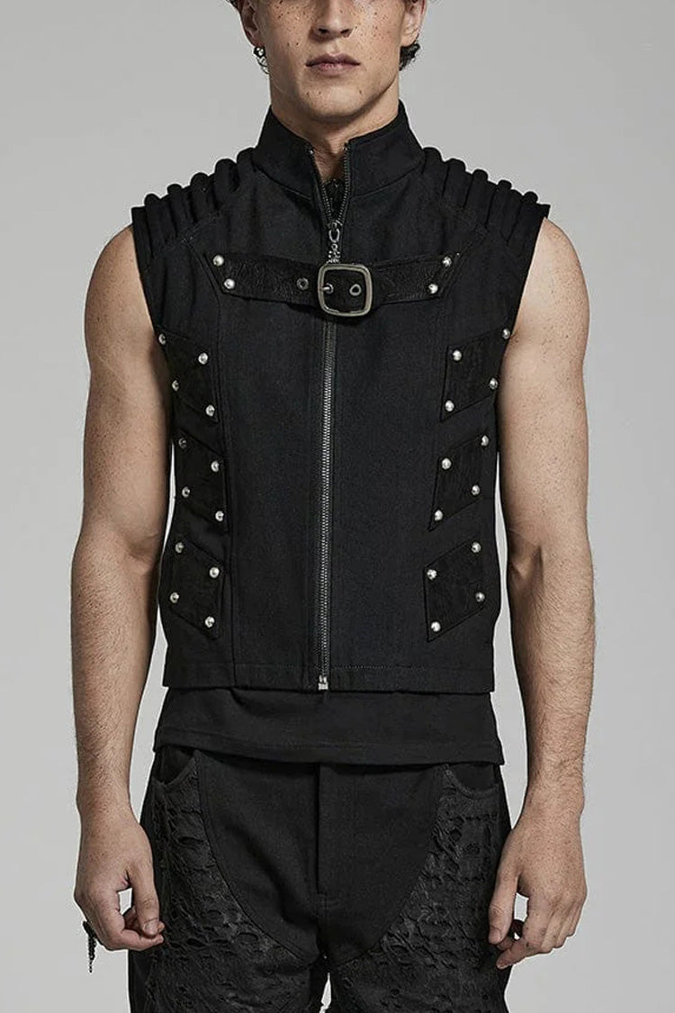 Black Stand Collar Sleeveless Stitching Buckle Decoration Mens Steampunk Vest