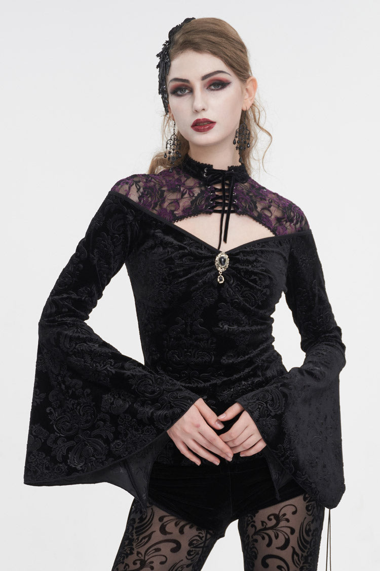 Black Cutout Flared Sleeved Floral Embossed Women's Gothic Shirt