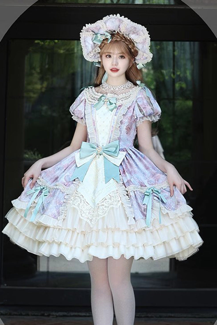 [Angel Heart Sky Oil Painting] Print Ruffle Cardigan Bowknot Sweet Princess Lolita Dress 3 Colors