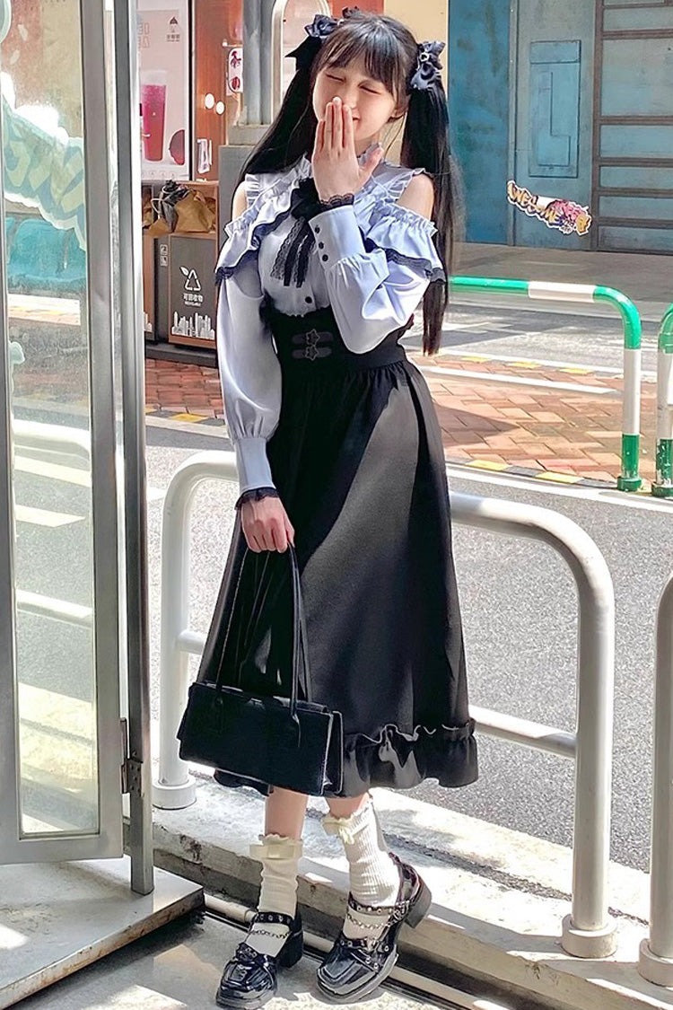 Black/Blue [Half a Star] Off Shoulder Long Sleeves Ruffle Jirai Kei Skirt Set