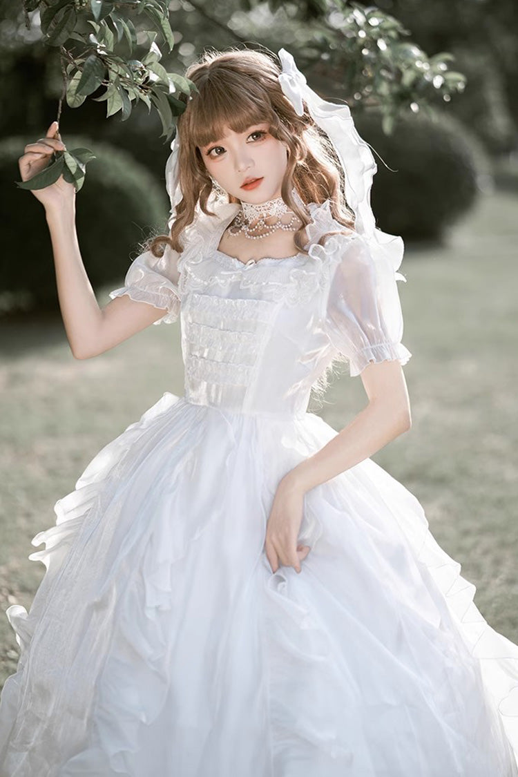 Weißes Lolita-Kleid mit Ode an schwebende Lichter, Fantasie-Fee, kurzen Ärmeln, Rüschen, süßem, elegantem Kleid