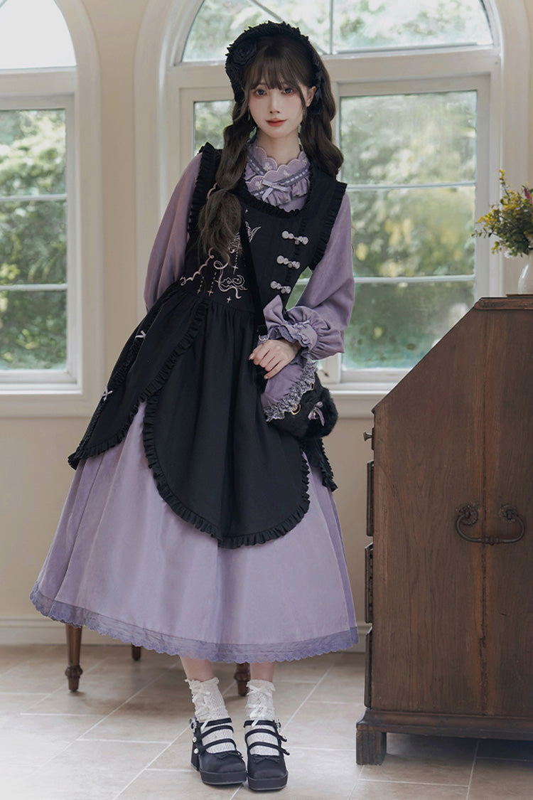 Black/Purple Petal Collar Drawstring Long Sleeves Embroidery Sweet Chinese Style Lolita Dress Two-piece Set