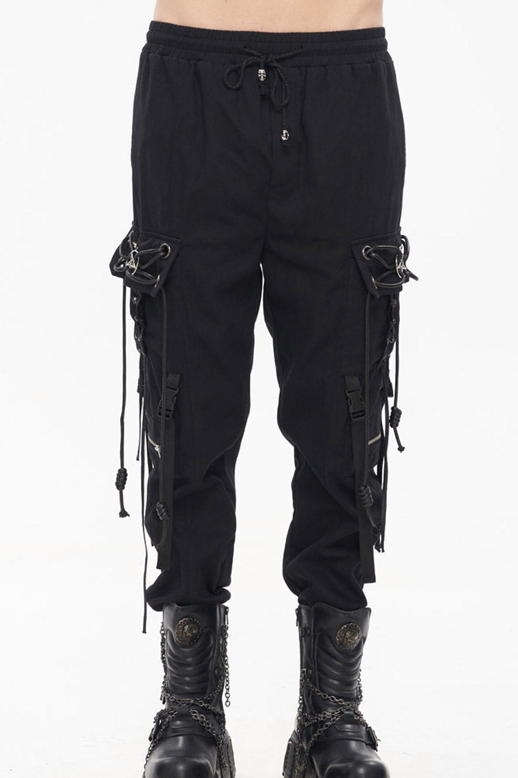 Schwarze Punk-Herrenhose aus feinem Twill mit zweifacher Metallschnalle und Kettendekoration