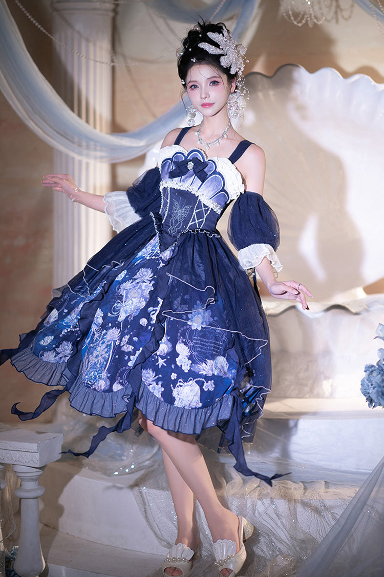 Blue [Deep Sea Jellyfish] Print Ruffle Lace Sweet Elegant Lolita Jsk Dress