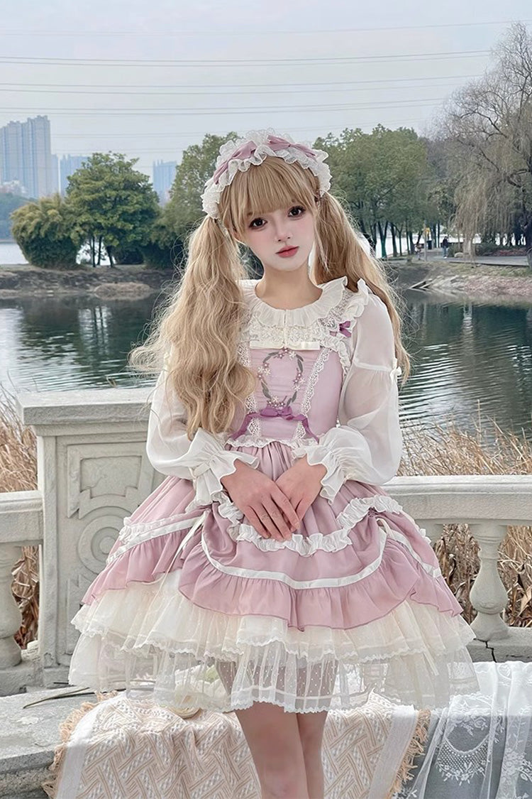 Pink Floating Light Dance Multi-layer Ruffle Embroidery Bowknot Lace Sweet Lolita Jsk Dress