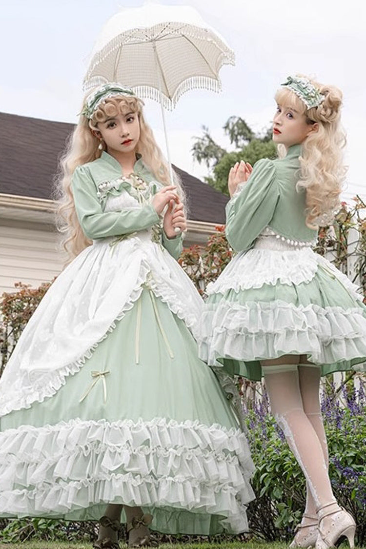 Grünes, mehrlagiges Hanayome-Spitzenkleid mit Rüschen und Schnürung in Übergröße, süßes Lolita-JSK-Kleid (lange Version)