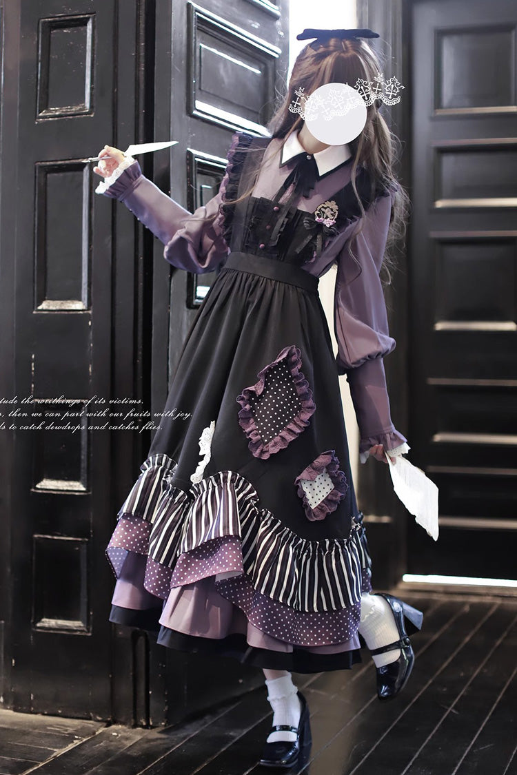 Schwarzes [Witch Academy] Doppellagiges, süßes Lolita-Pulloverkleid mit Streifenmuster, Rüschen und Schleife